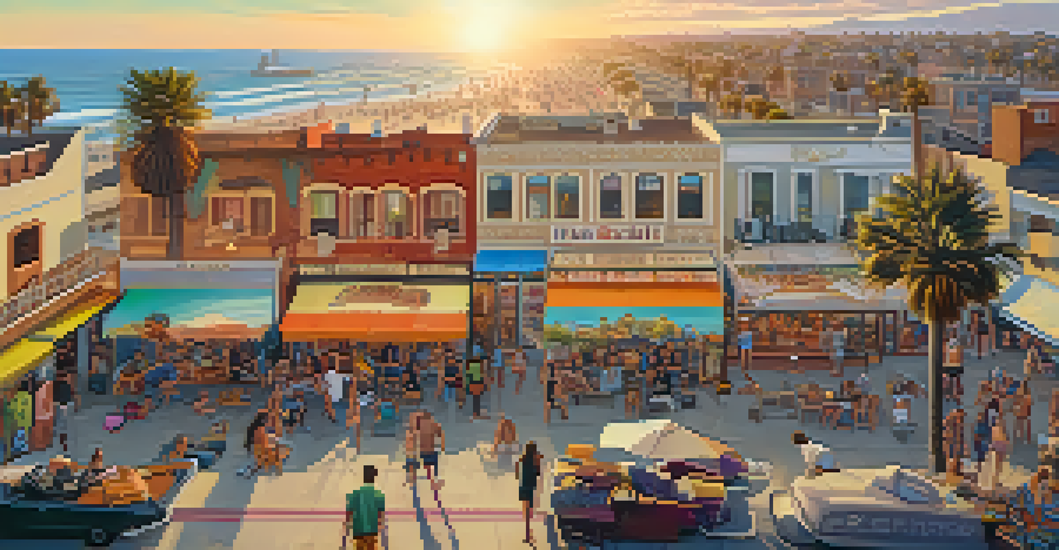 Aerial view of Venice Beach showing vibrant murals, artists at work, and beachgoers enjoying the sunny atmosphere.