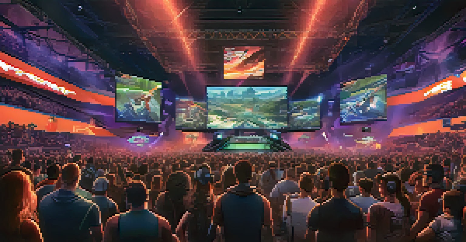 A crowded eSports tournament in California with fans cheering and players intensely focused on their screens, featuring vibrant lighting.
