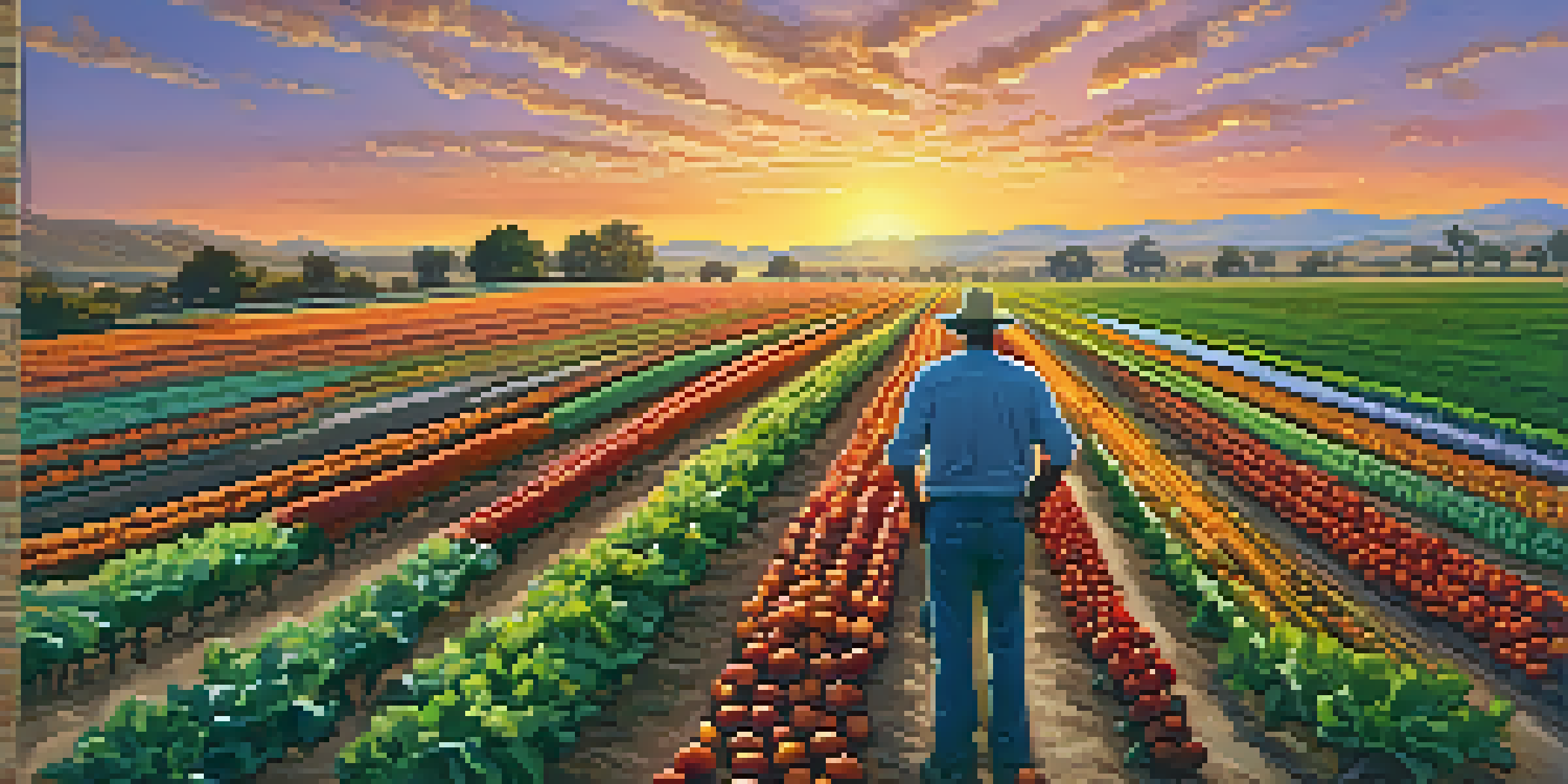 A sunset view of a California farm with rows of colorful crops and a farmer using a tablet.