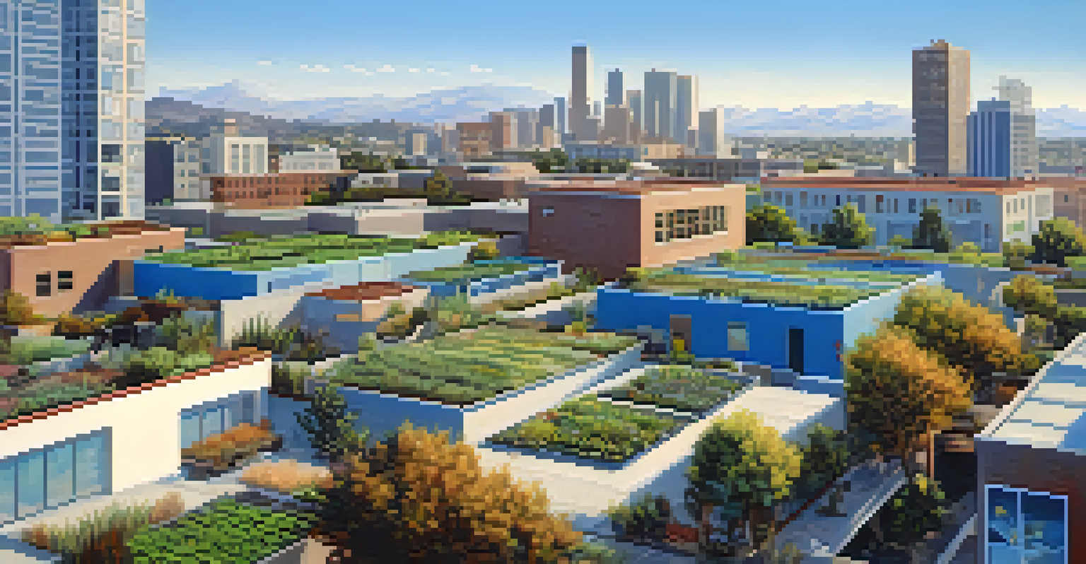An urban California scene showing water conservation efforts with rainwater harvesting and drought-resistant plants.