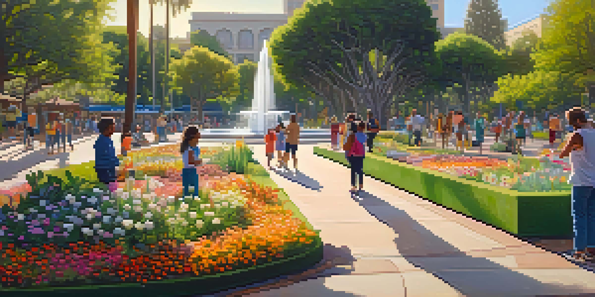 A lively urban park in Los Angeles filled with families and artists, surrounded by greenery and colorful flowers, with a fountain in the center.