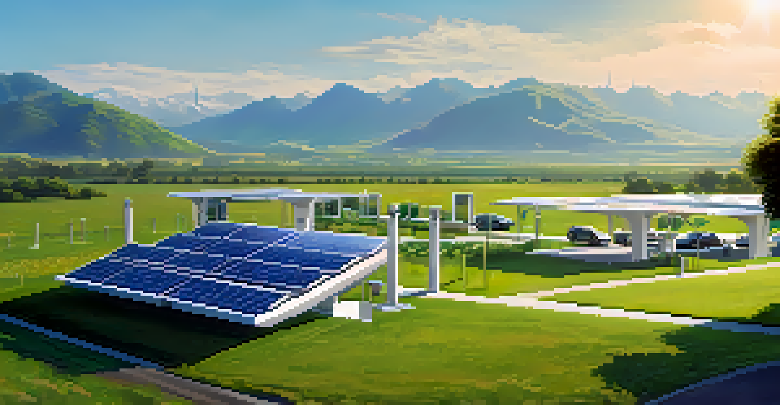 Aerial view of a solar-powered charging station in a green landscape with mountains in the background.