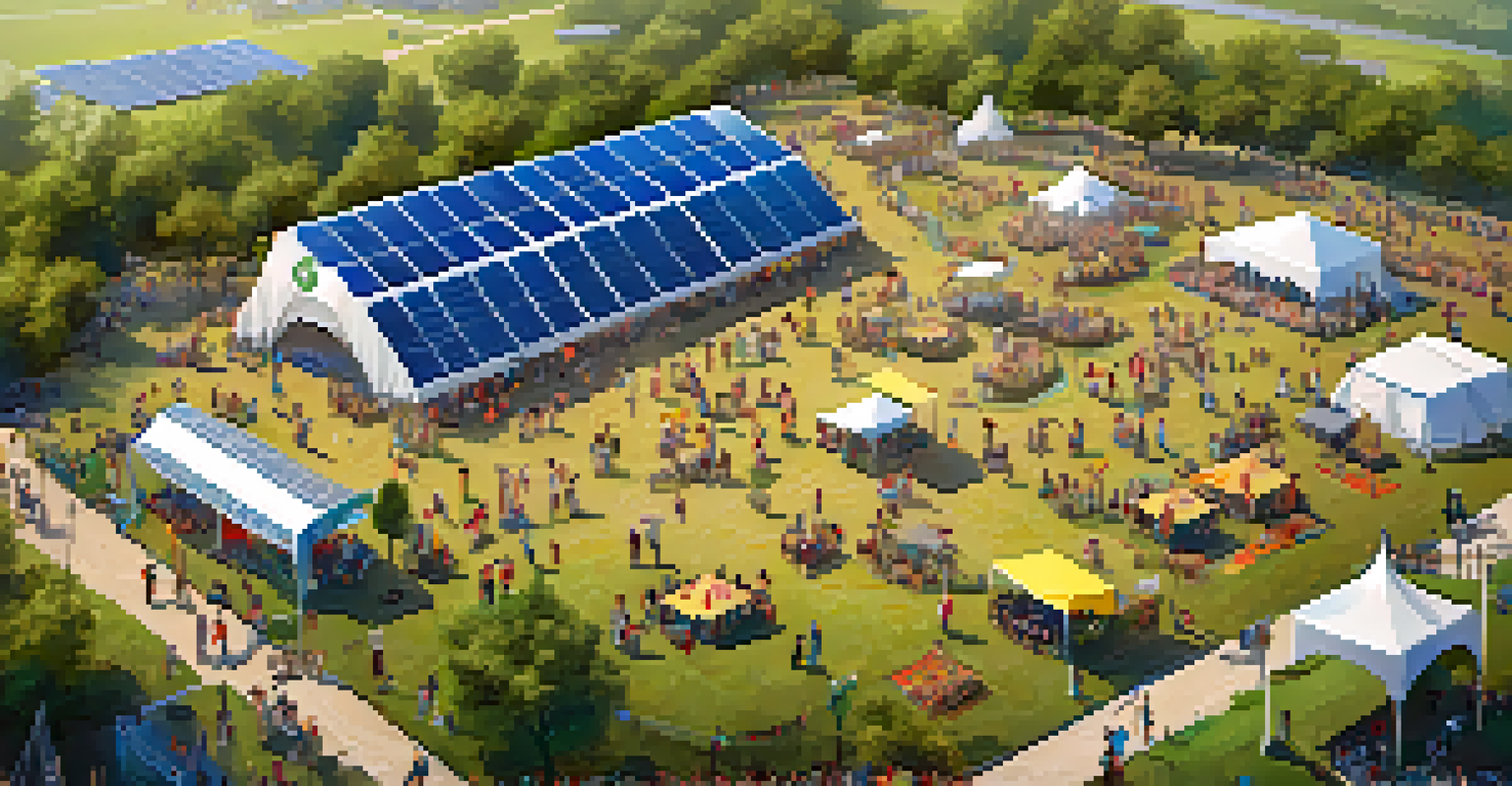 An aerial view of a music festival with solar panels, biodiesel generators, and attendees enjoying the event.