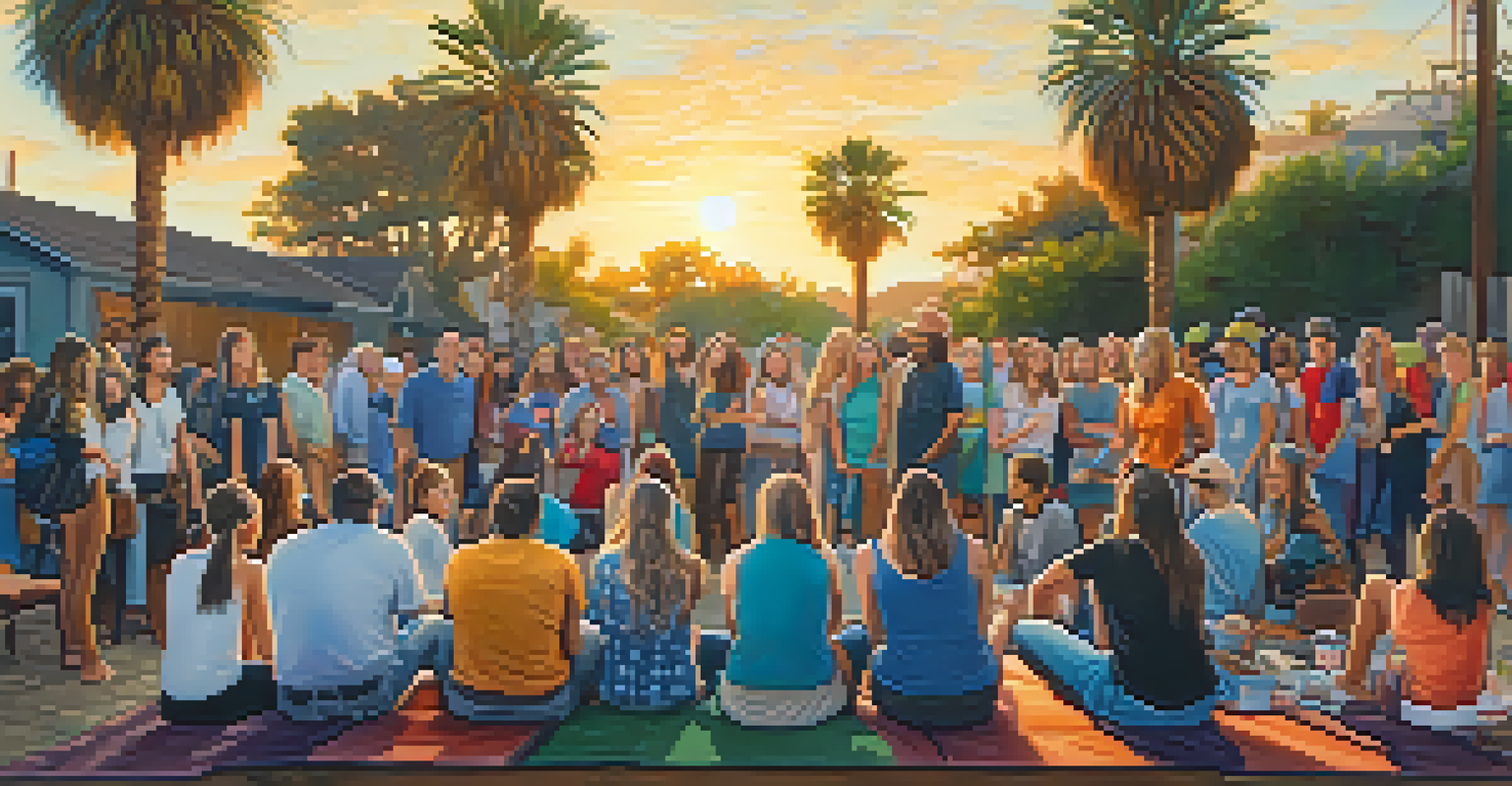 An outdoor gathering of artists in California painting murals, with a sunset casting a warm glow over the scene.