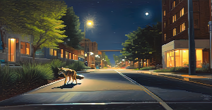 A coyote walking on a quiet street at night, surrounded by city buildings and illuminated by streetlights.