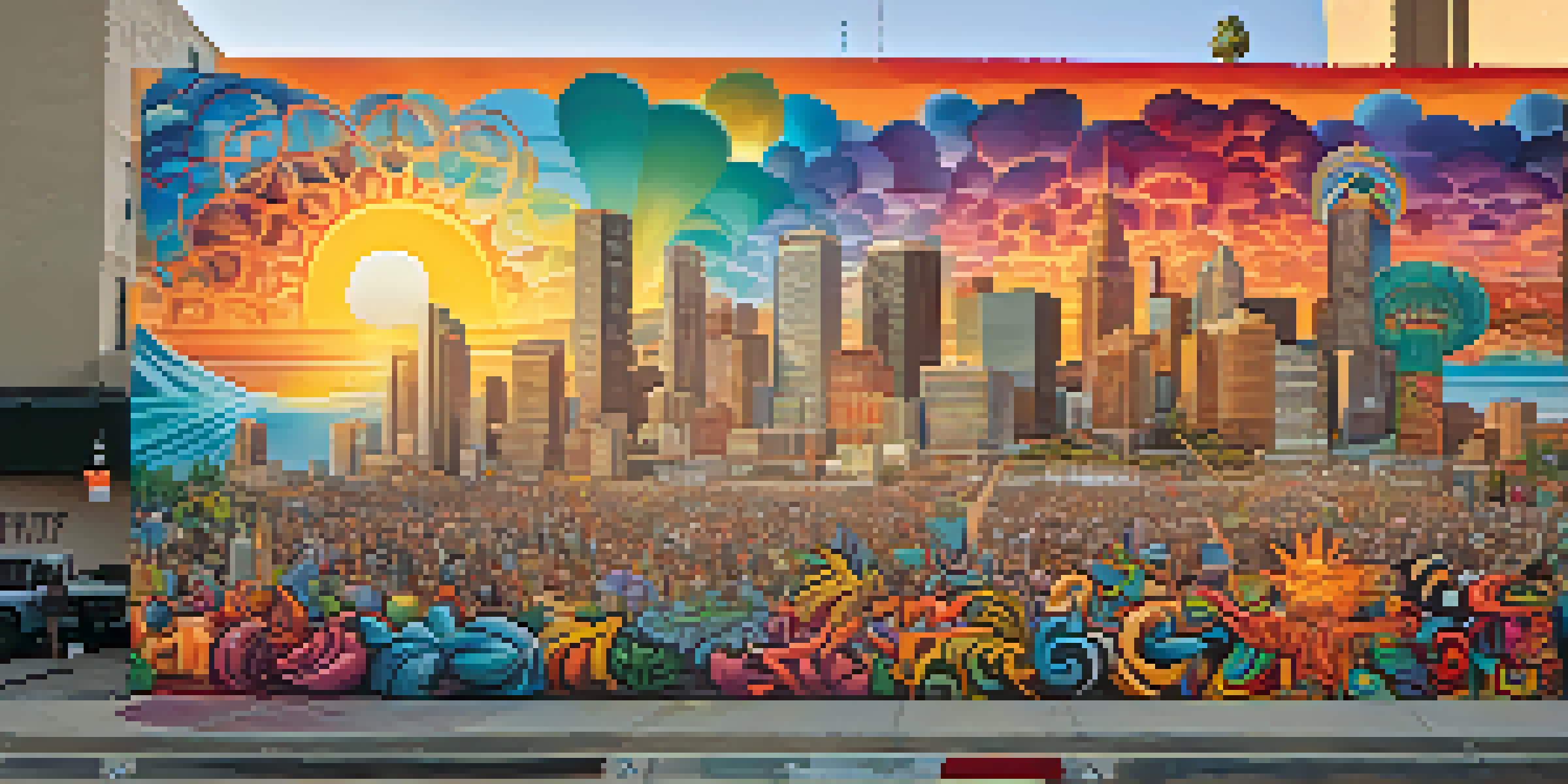 A colorful street mural with diverse artists working together, surrounded by urban buildings and a sunset.