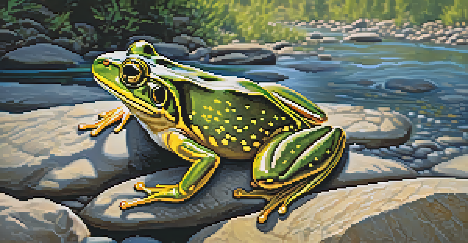 A close-up of a Sierra Nevada yellow-legged frog on a rock in an alpine stream, with sunlight filtering through the trees.