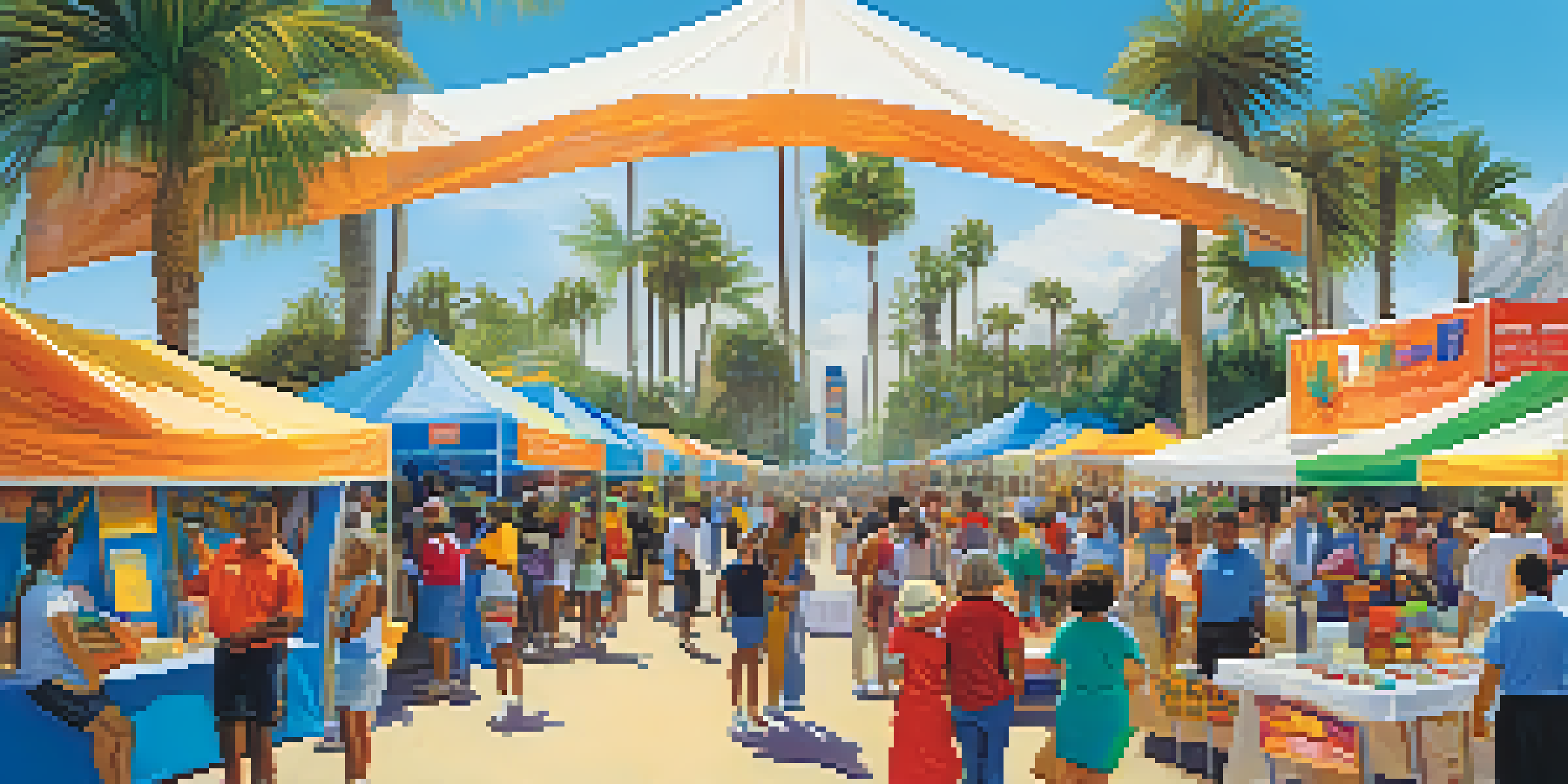 A community health fair in California with diverse people participating in health education, colorful banners, and palm trees under a clear blue sky.
