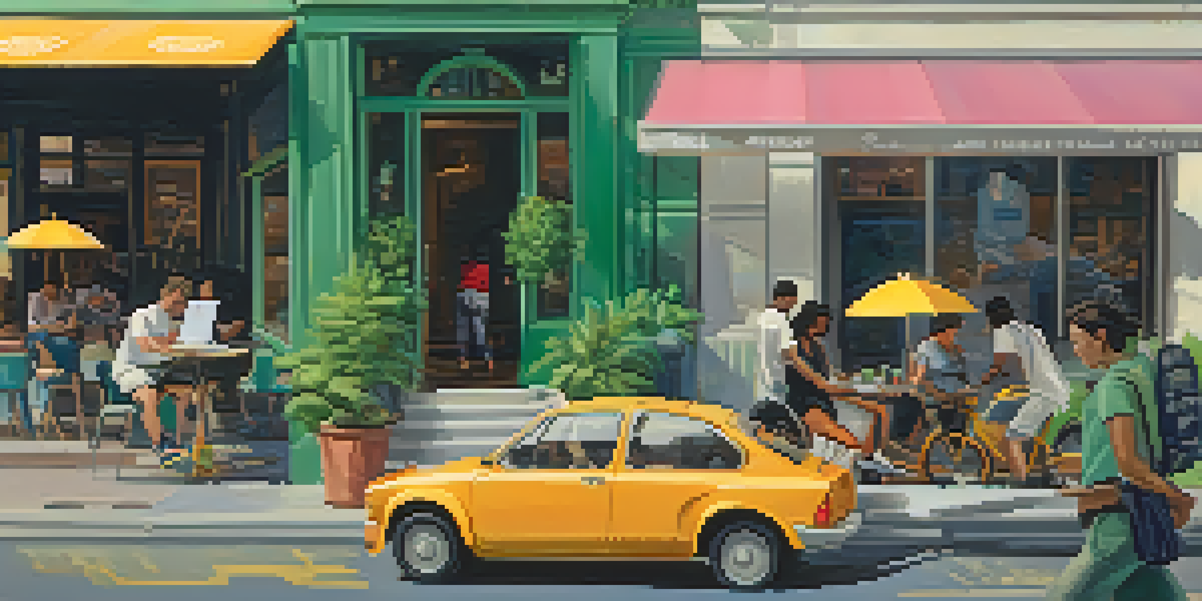 A diverse group of gig workers in an outdoor café setting, with a woman on a laptop, a man on a smartphone, and a delivery person on a bicycle.