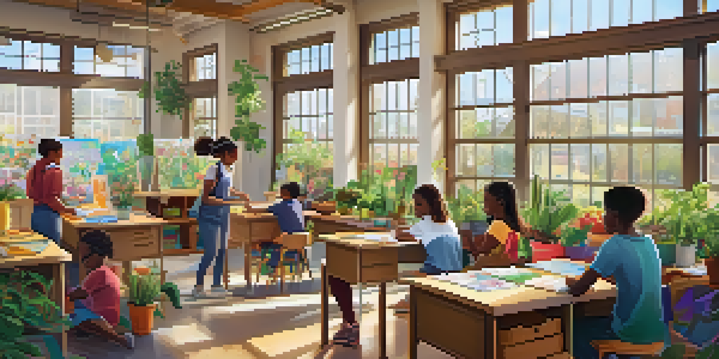 A bright classroom with diverse students working on a sustainability project guided by a teacher, surrounded by colorful decorations and natural light.