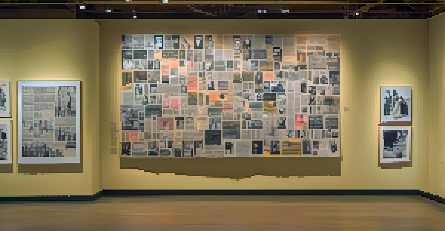 A 1970s feminist art installation with mixed media pieces and women discussing the artwork in a softly lit room.