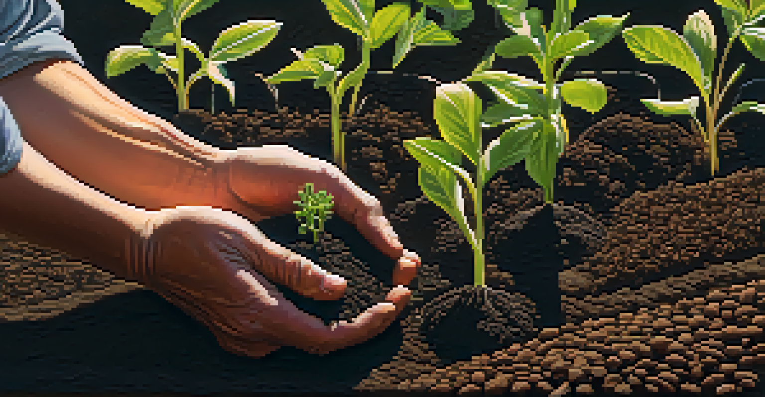 A close-up of a farmer's hands planting seeds in dark soil, surrounded by young plants and farming tools.