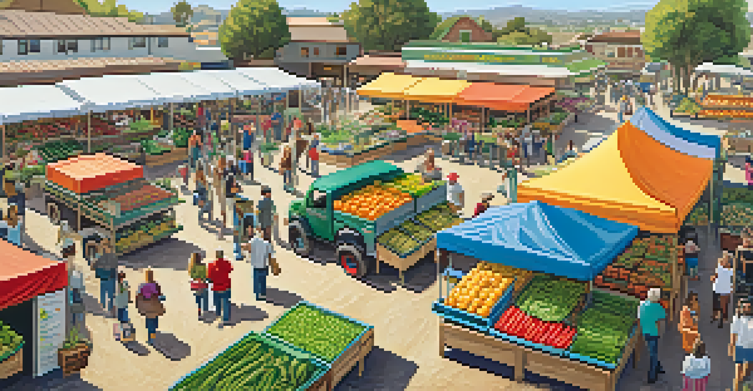 A bustling market scene showcasing a community supported agriculture event with fresh organic produce and families interacting with local farmers.