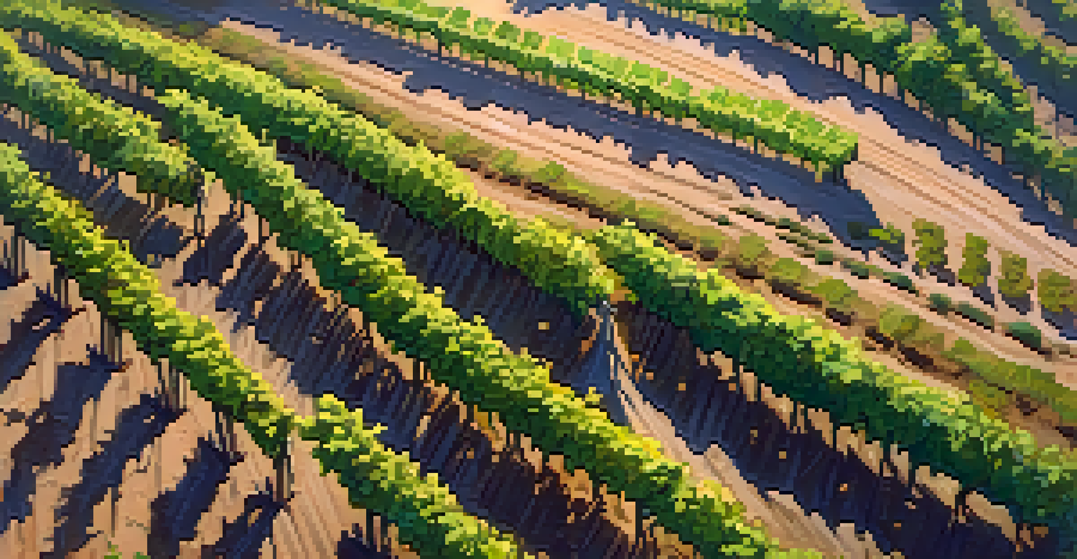 Aerial view of a vineyard in California showing healthy and wilted grapevines due to drought.