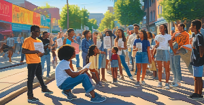 A diverse group of young activists holding signs in a colorful street setting, engaged in discussion.