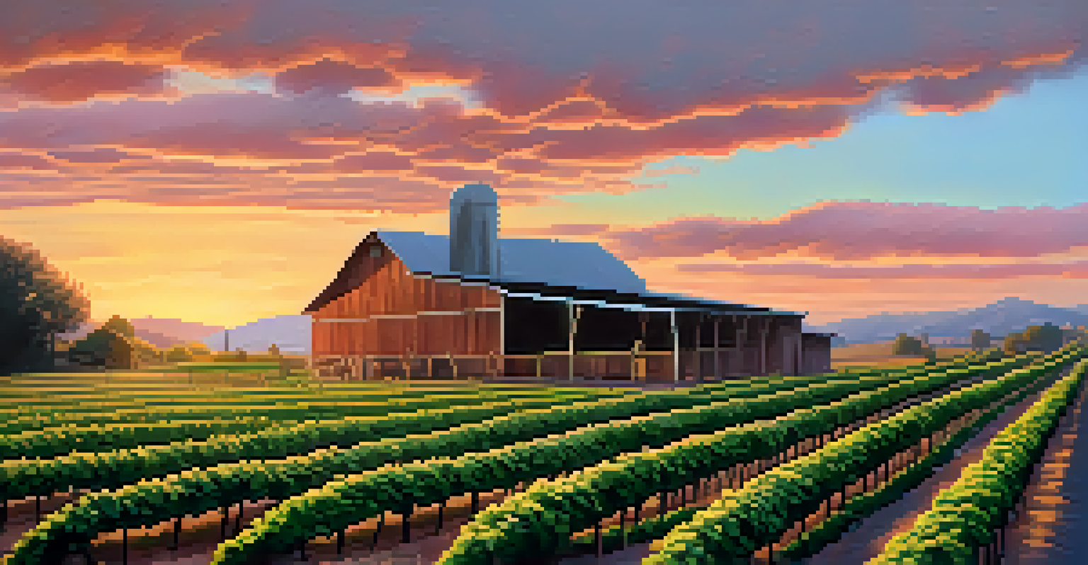 A California hop farm at sunset with green hop vines and a rustic barn in the background.