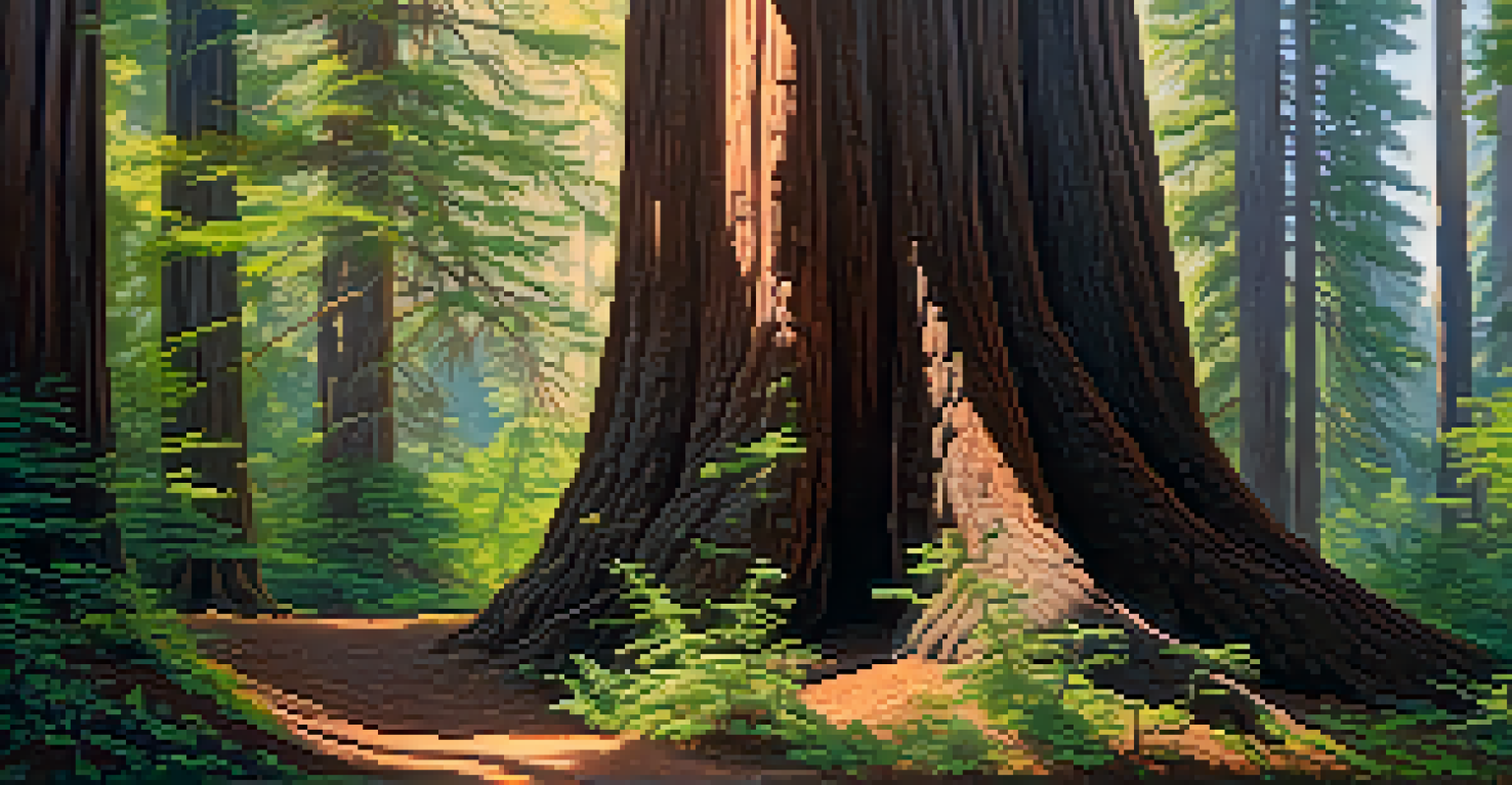 A large redwood tree in Redwood National Park, illuminated by sunlight filtering through the tree canopy, surrounded by a lush forest.
