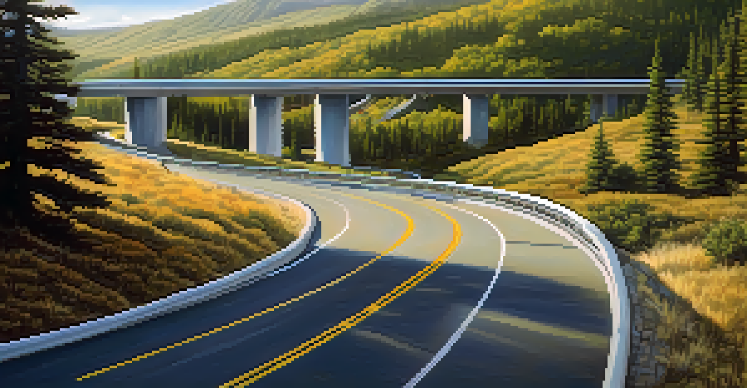 A wide view of a wildlife corridor with elk and bears using an underpass beneath a highway, set in a mountainous landscape.
