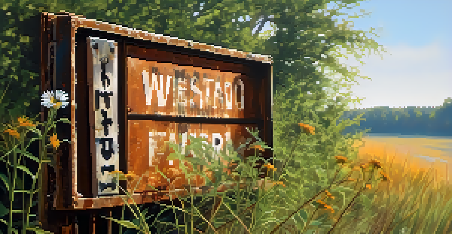 A close-up of a weathered railroad sign surrounded by overgrown weeds and wildflowers, illuminated by soft morning light.
