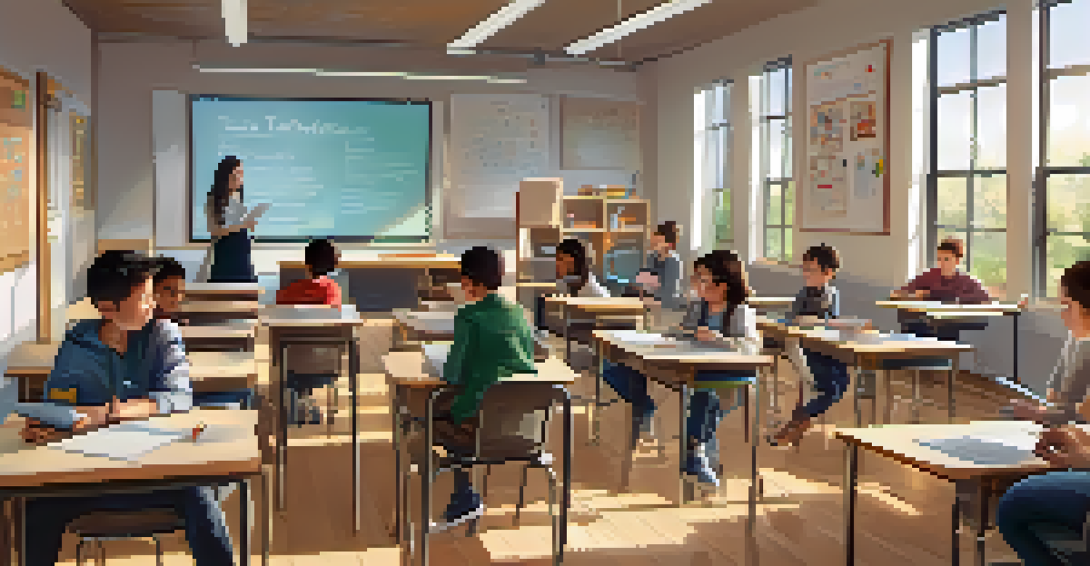 A flipped classroom with students using tablets to watch videos, and a teacher assisting them, in a bright and modern learning space.