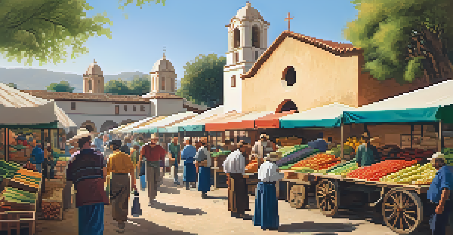 A lively market scene at a California mission with farmers trading produce and livestock.