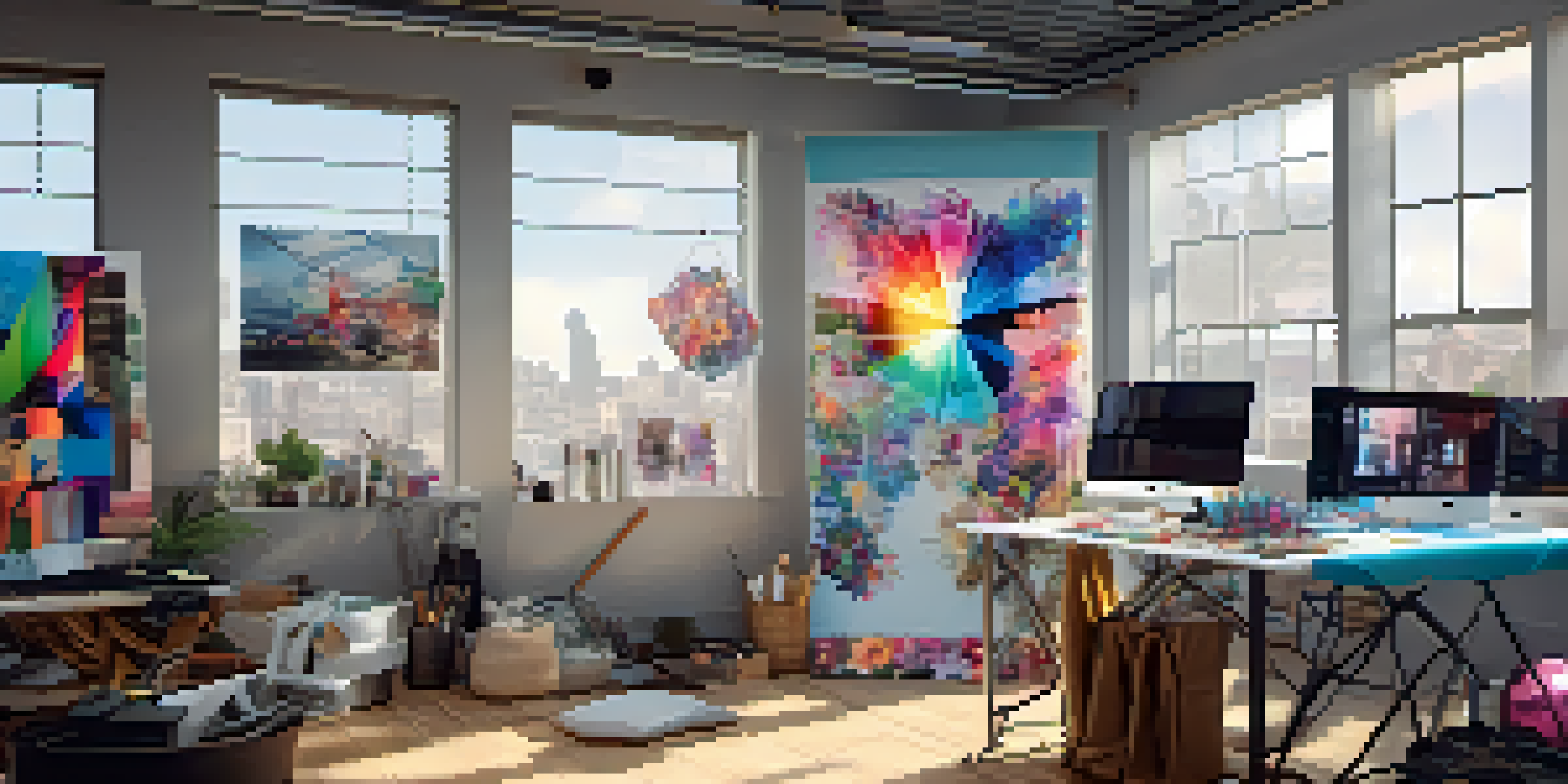 A fashion designer's studio with 3D design software on a computer, colorful fabrics, and bright natural light.