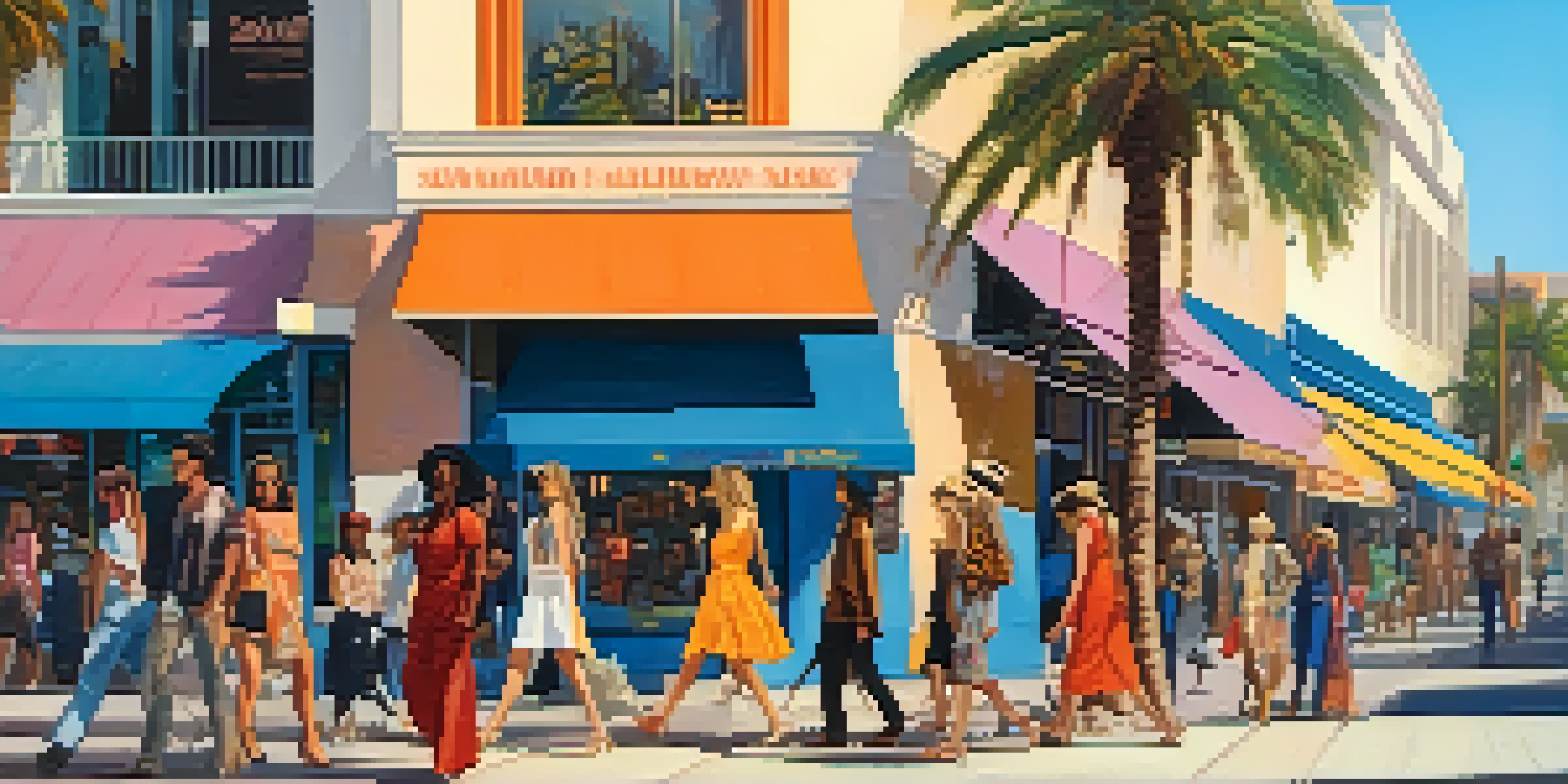 A lively street scene on Sunset Boulevard, with people of different backgrounds wearing eclectic fashion styles amidst colorful storefronts and palm trees.