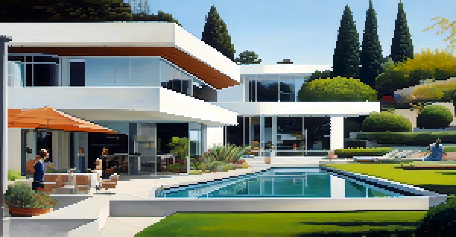 A panoramic view of an urban landscape in California showcasing multiple buildings in the International Style with terraces and gardens under a sunny sky.