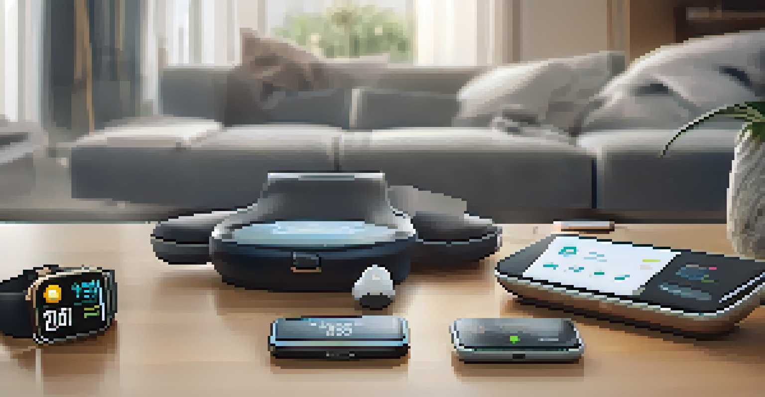 A collection of wearable health monitoring devices displayed on a table in a modern living room setting.