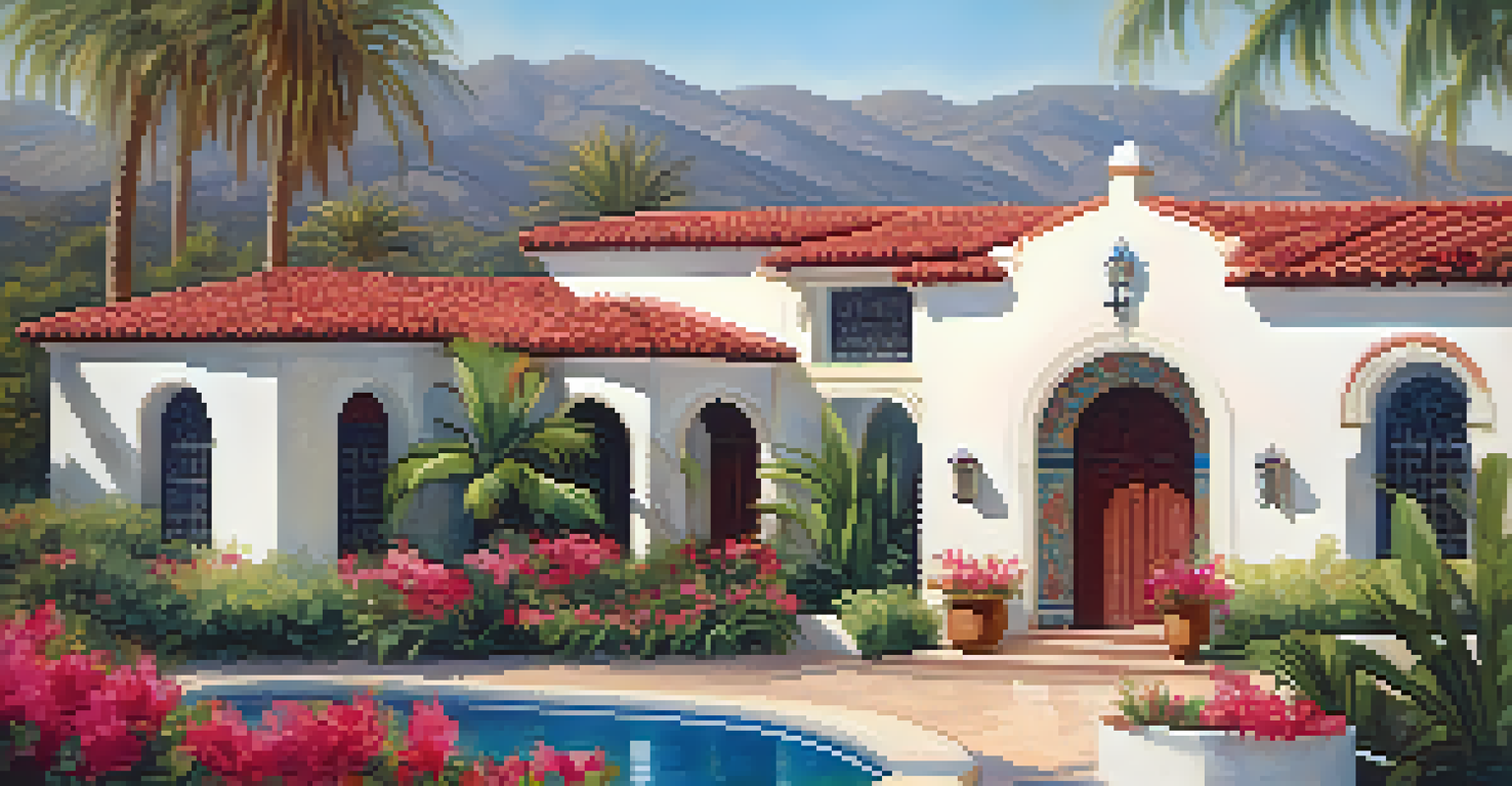 A Spanish Colonial Revival house with stucco walls and a red-tiled roof in Santa Barbara, surrounded by palm trees and colorful flowers.