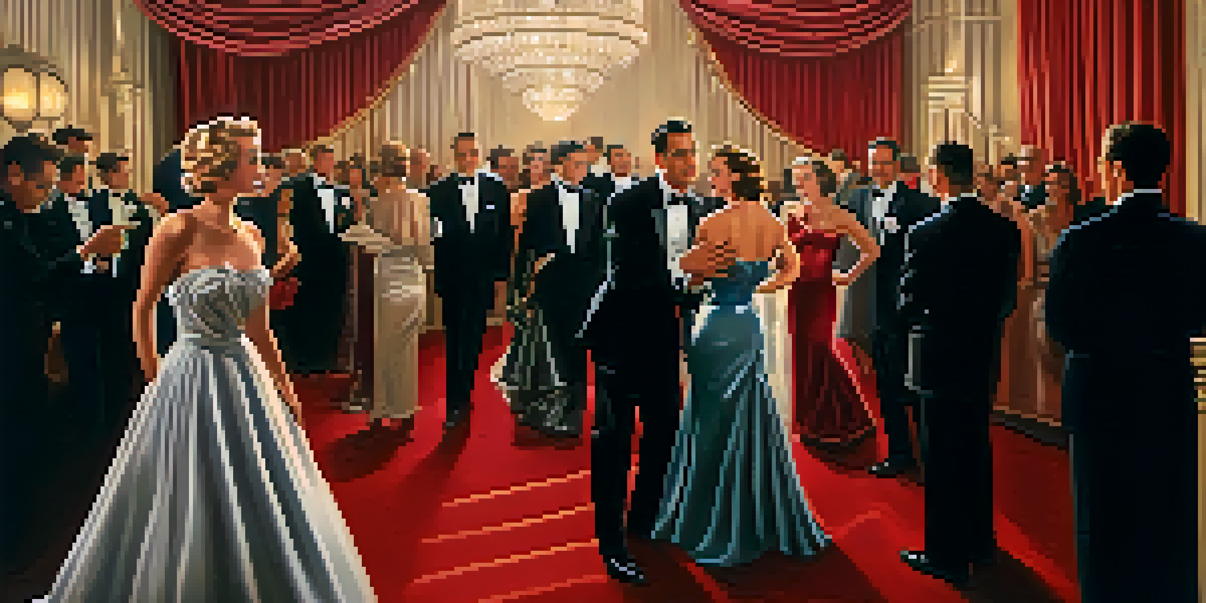 A glamorous Hollywood red carpet scene with celebrities in vintage 1950s attire under soft golden lighting, creating an elegant atmosphere.