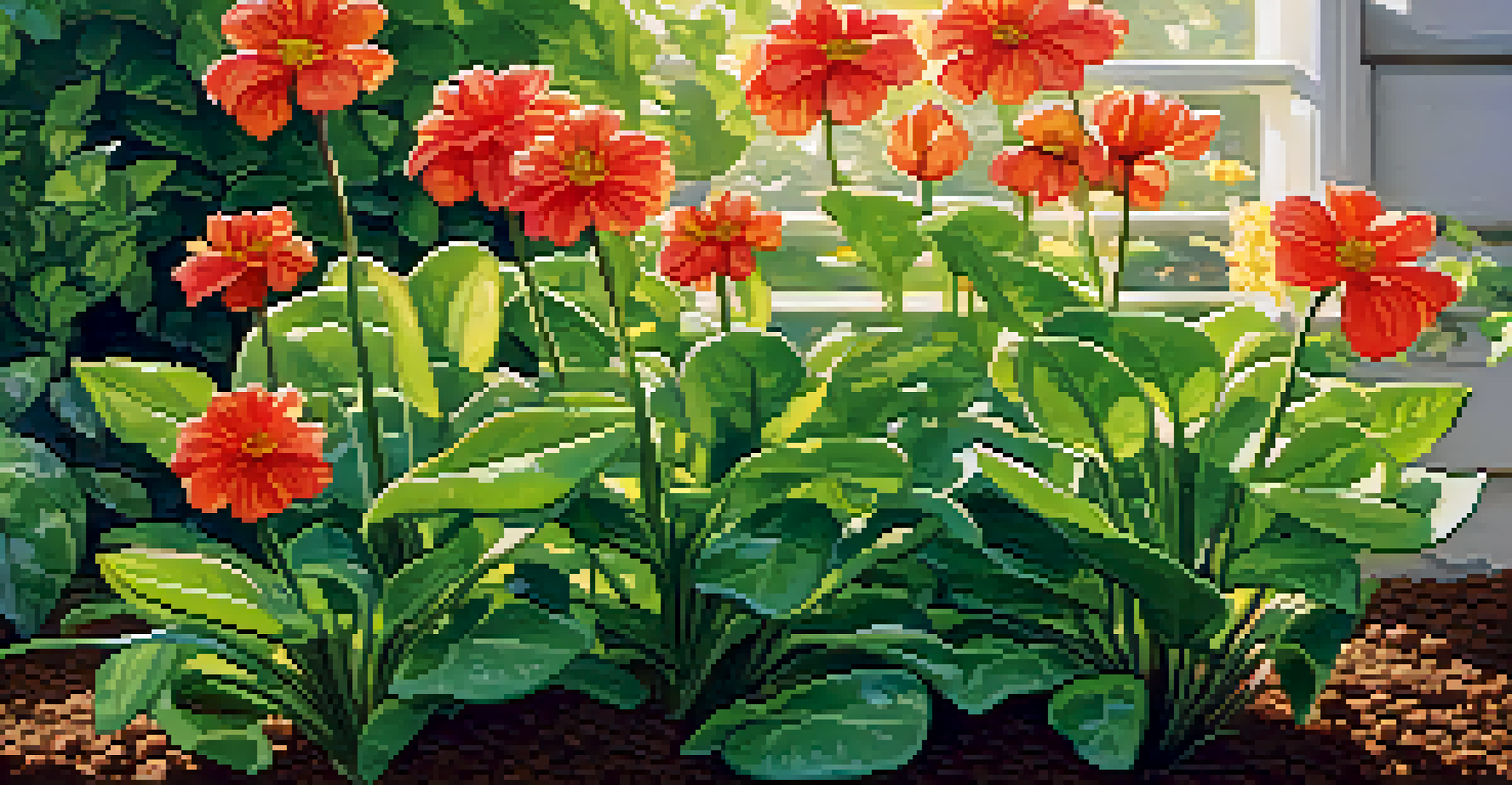 A close-up view of healthy plants in a garden, showcasing vibrant flowers and green leaves, nourished by graywater under soft sunlight.