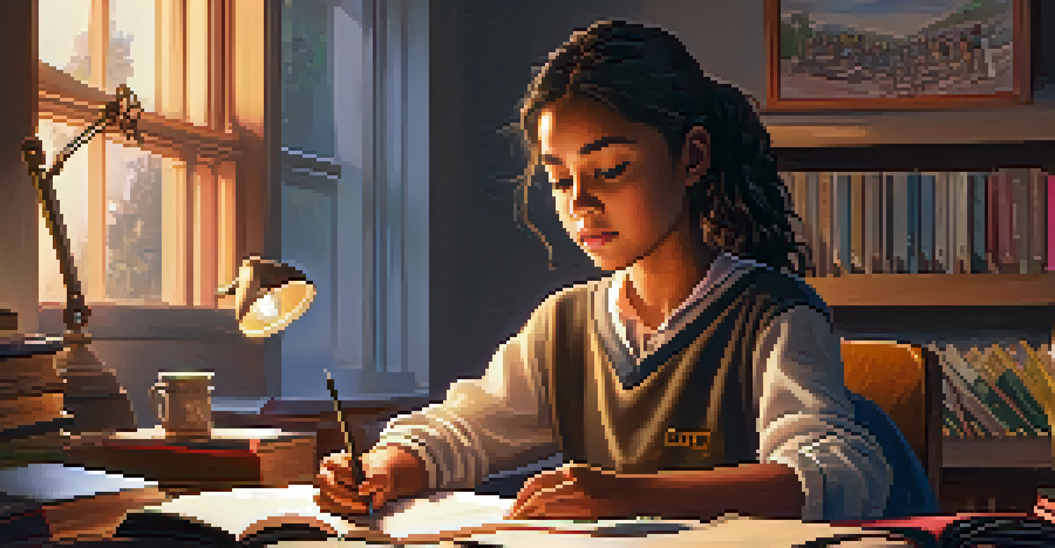 A young immigrant girl studying at her desk with a laptop, surrounded by textbooks, looking focused and determined.