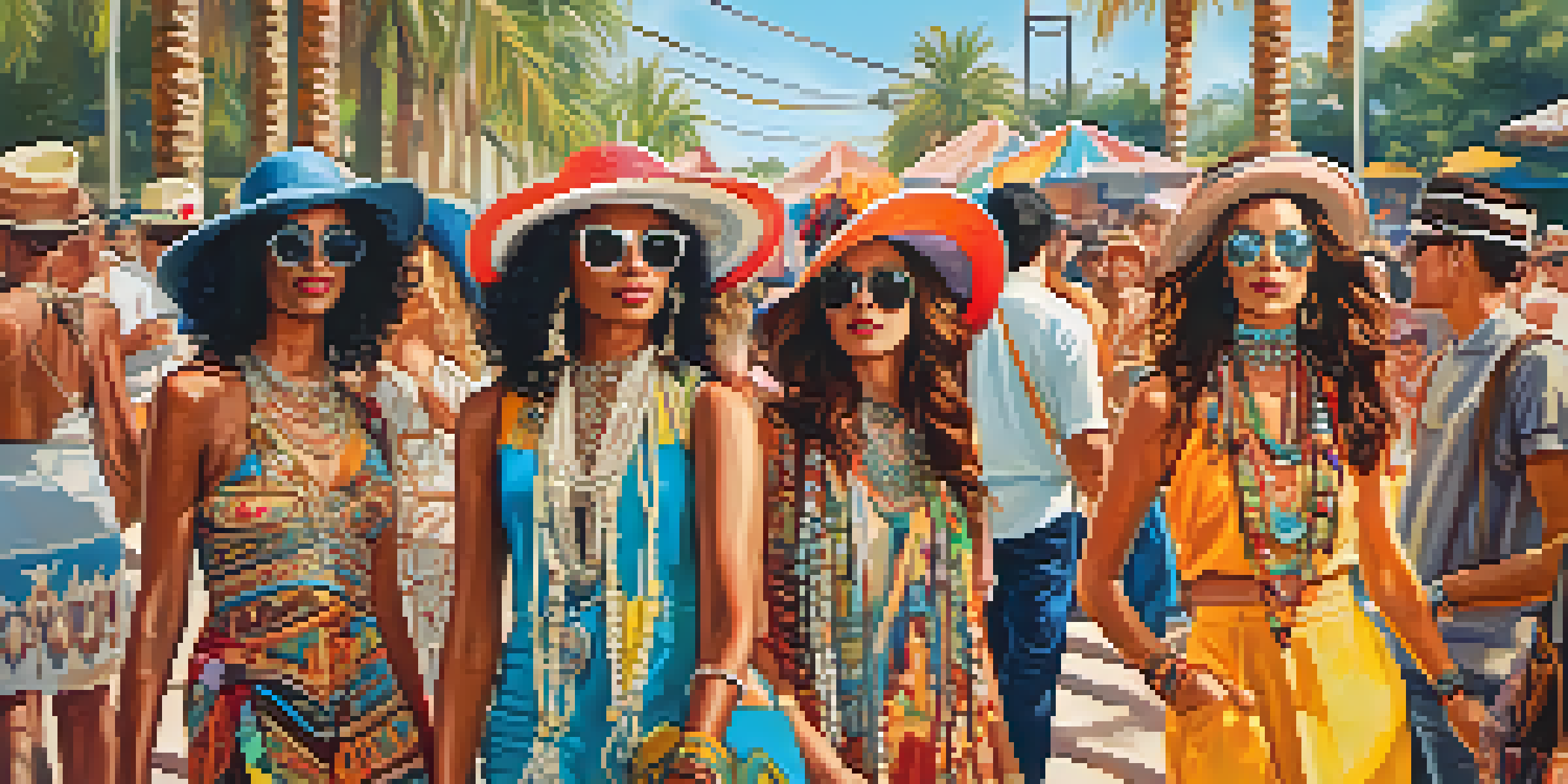 A lively outdoor fashion festival with diverse attendees wearing eclectic outfits, surrounded by colorful decorations and palm trees under a sunny sky.