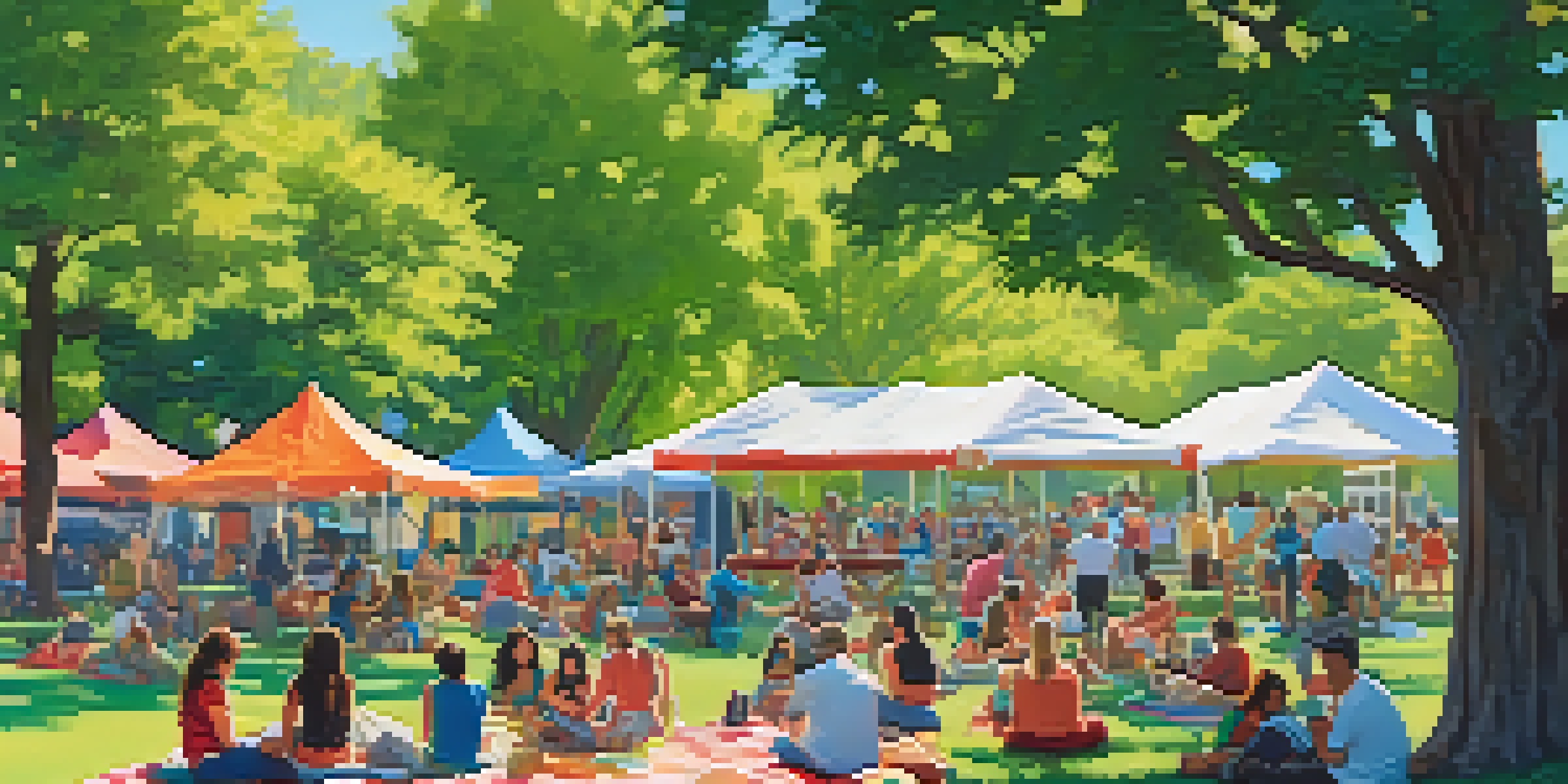 An outdoor film festival in a California park with a large screen, diverse attendees, food trucks, and sunny weather.