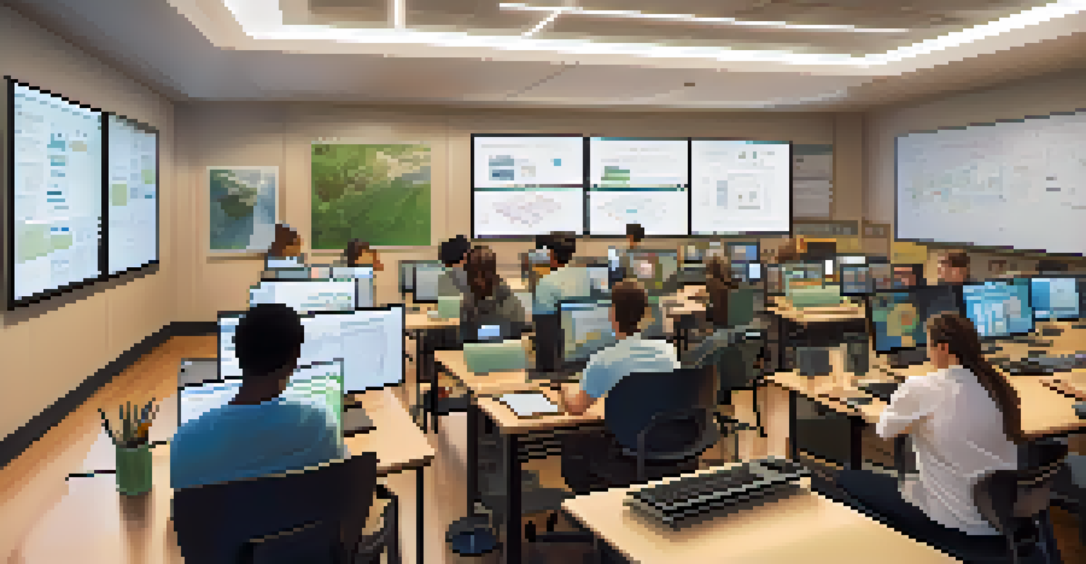 A tech classroom with students collaborating on coding, surrounded by computers and whiteboards.