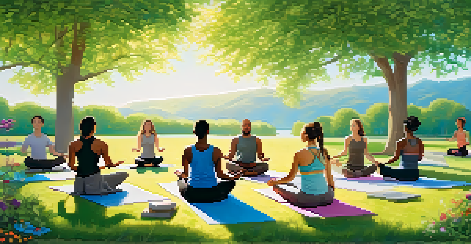 A diverse group of individuals practicing meditation and yoga in a peaceful park setting surrounded by nature.