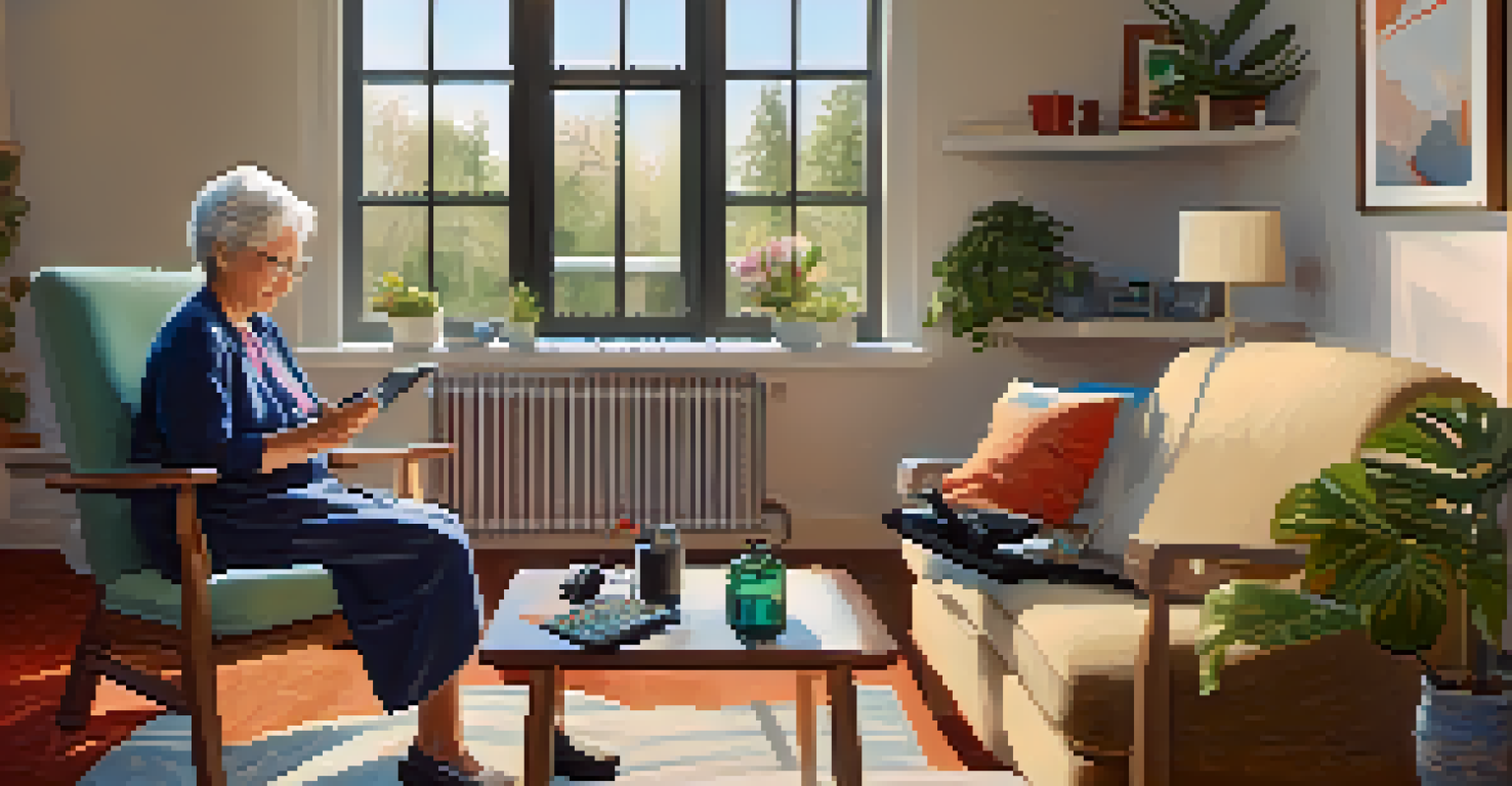 An elderly woman using a tablet for a telehealth video call in her bright living room, with health items nearby.