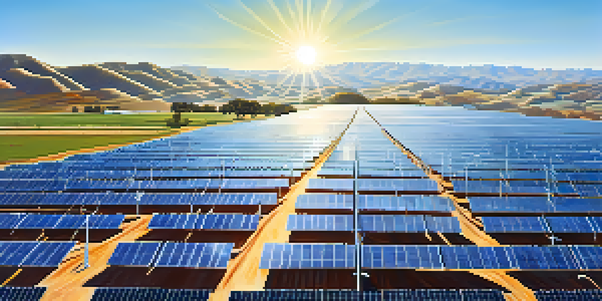 A wide view of a solar farm with solar panels and wind turbines in California, under a clear blue sky.