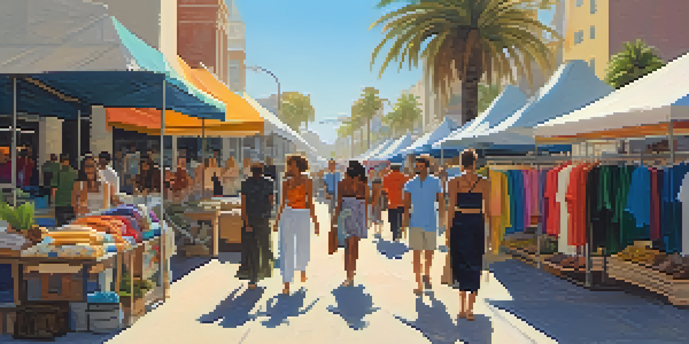 A lively market in California featuring eco-friendly clothing stalls with diverse shoppers under sunny skies.