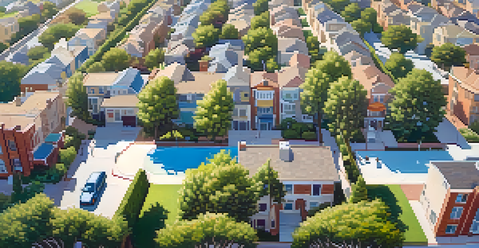An aerial view of a California neighborhood with parks and people enjoying outdoor activities.