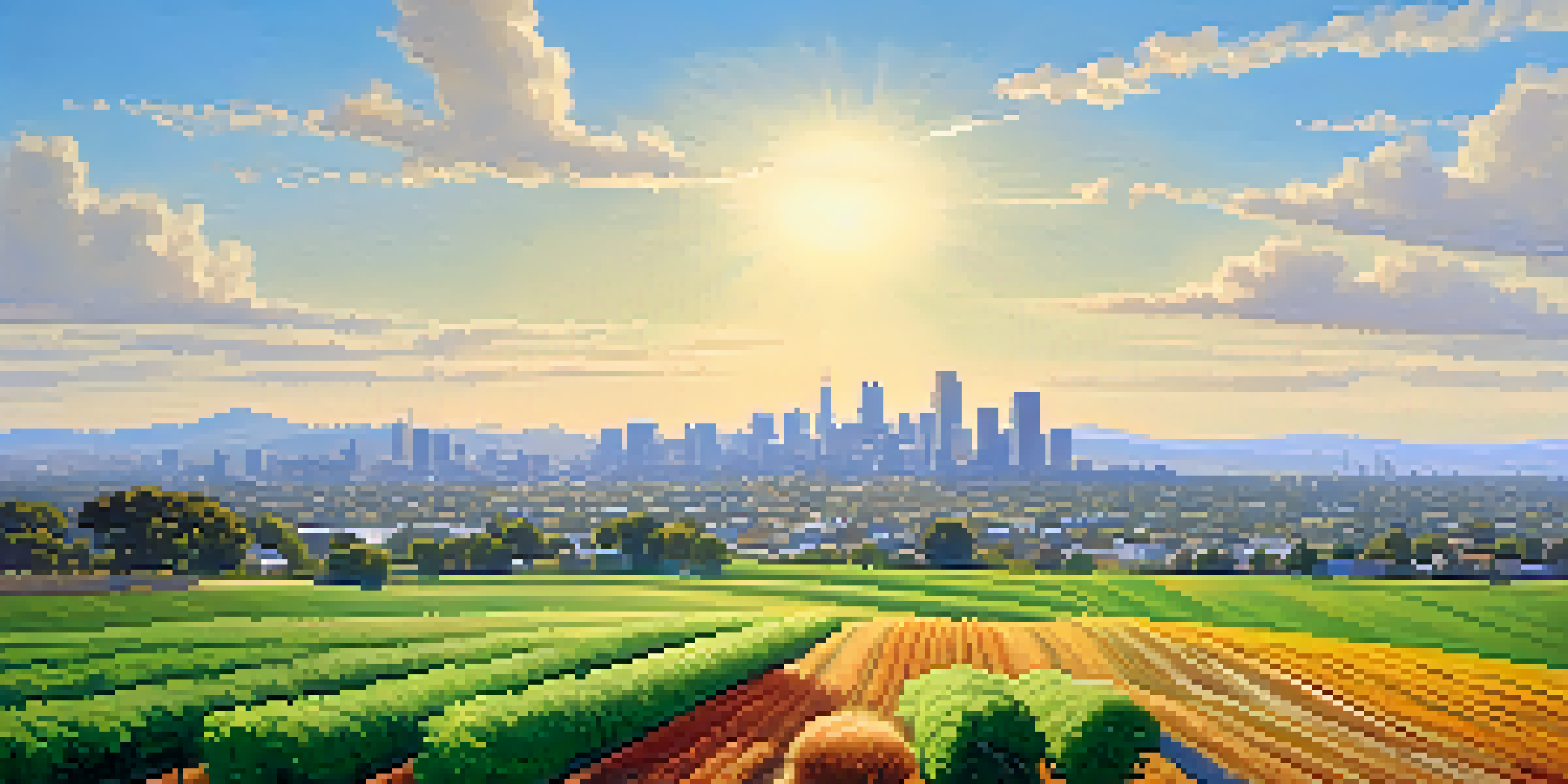 A bright California landscape with a green field of crops in the foreground and a city skyline in the background under a clear blue sky.