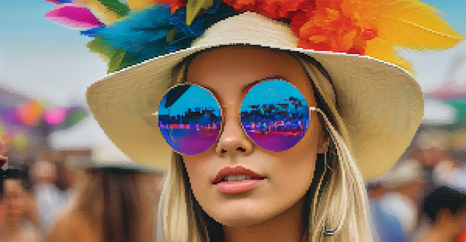 A stylish festival-goer at Coachella, highlighting unique fashion accessories and a colorful festival backdrop.
