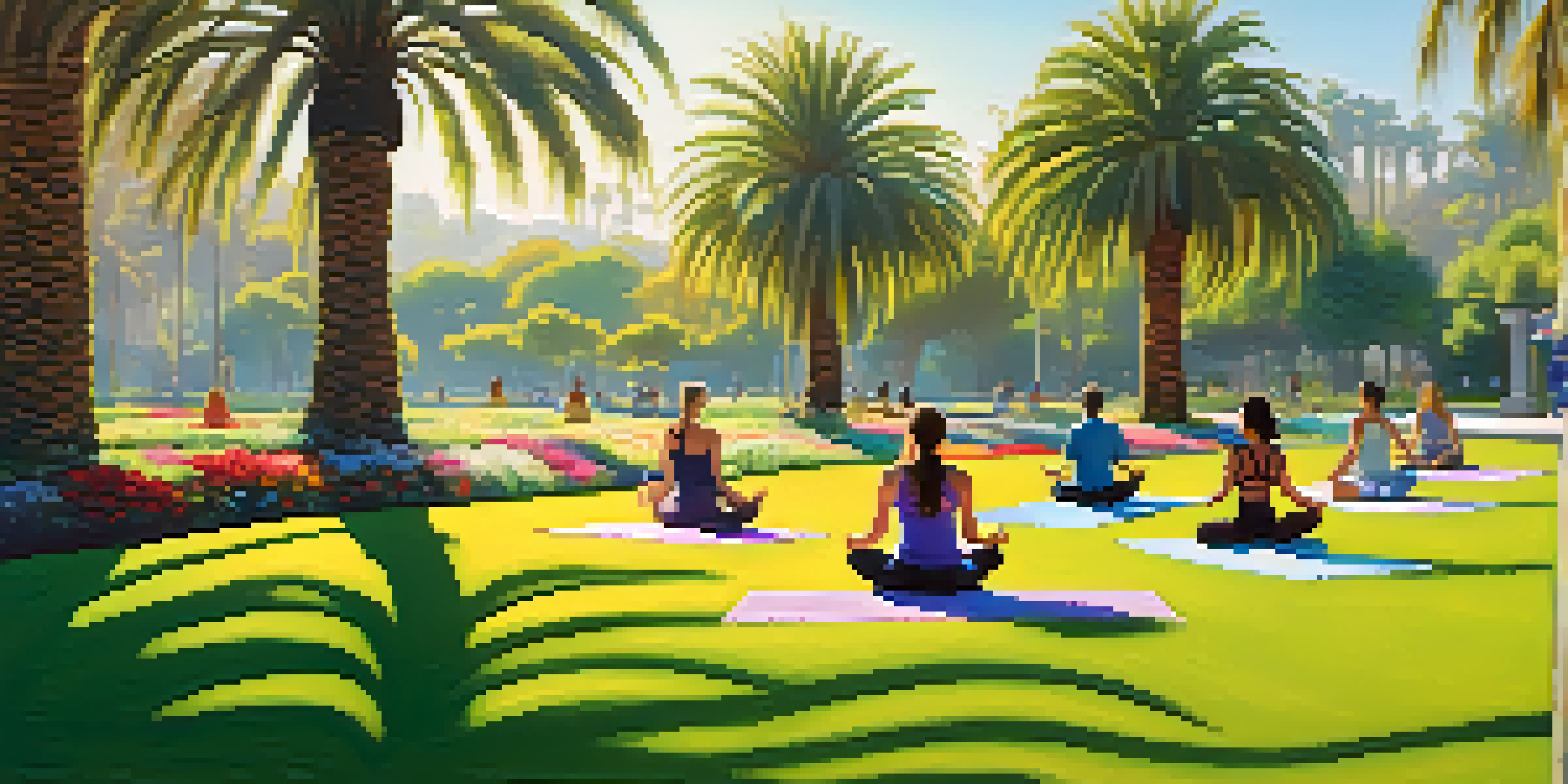 A peaceful park scene with diverse individuals practicing mindfulness activities like yoga and meditation under the bright sun, surrounded by lush greenery and blooming flowers.