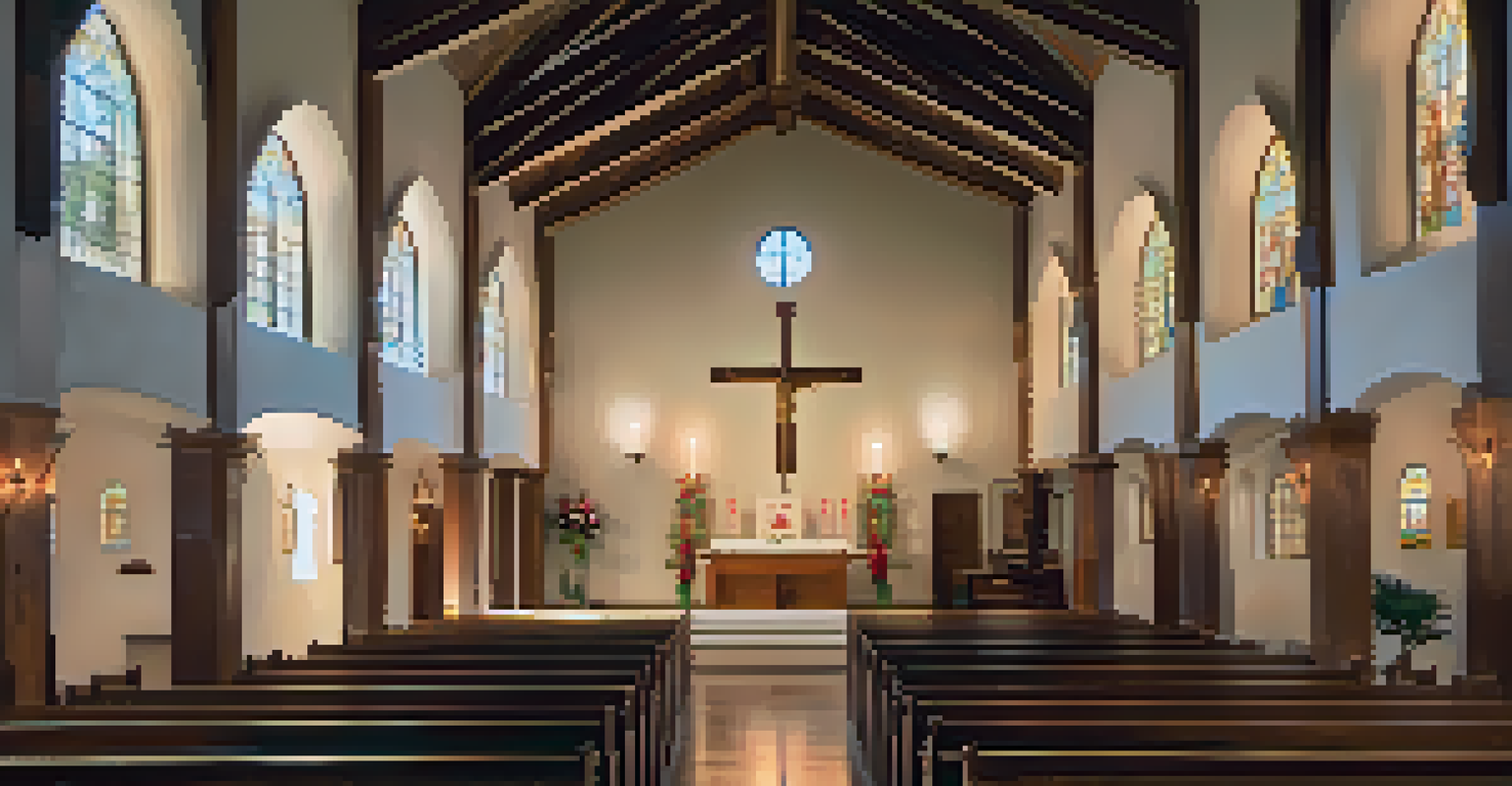 The interior of a mission chapel with wooden beams and candlelight, showcasing religious art and a serene atmosphere.