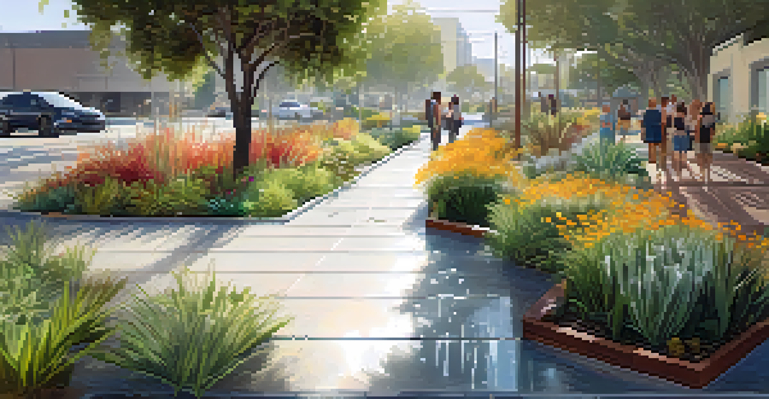 A rain garden in an urban setting with permeable pavements and colorful native plants, featuring raindrops and soft sunlight.