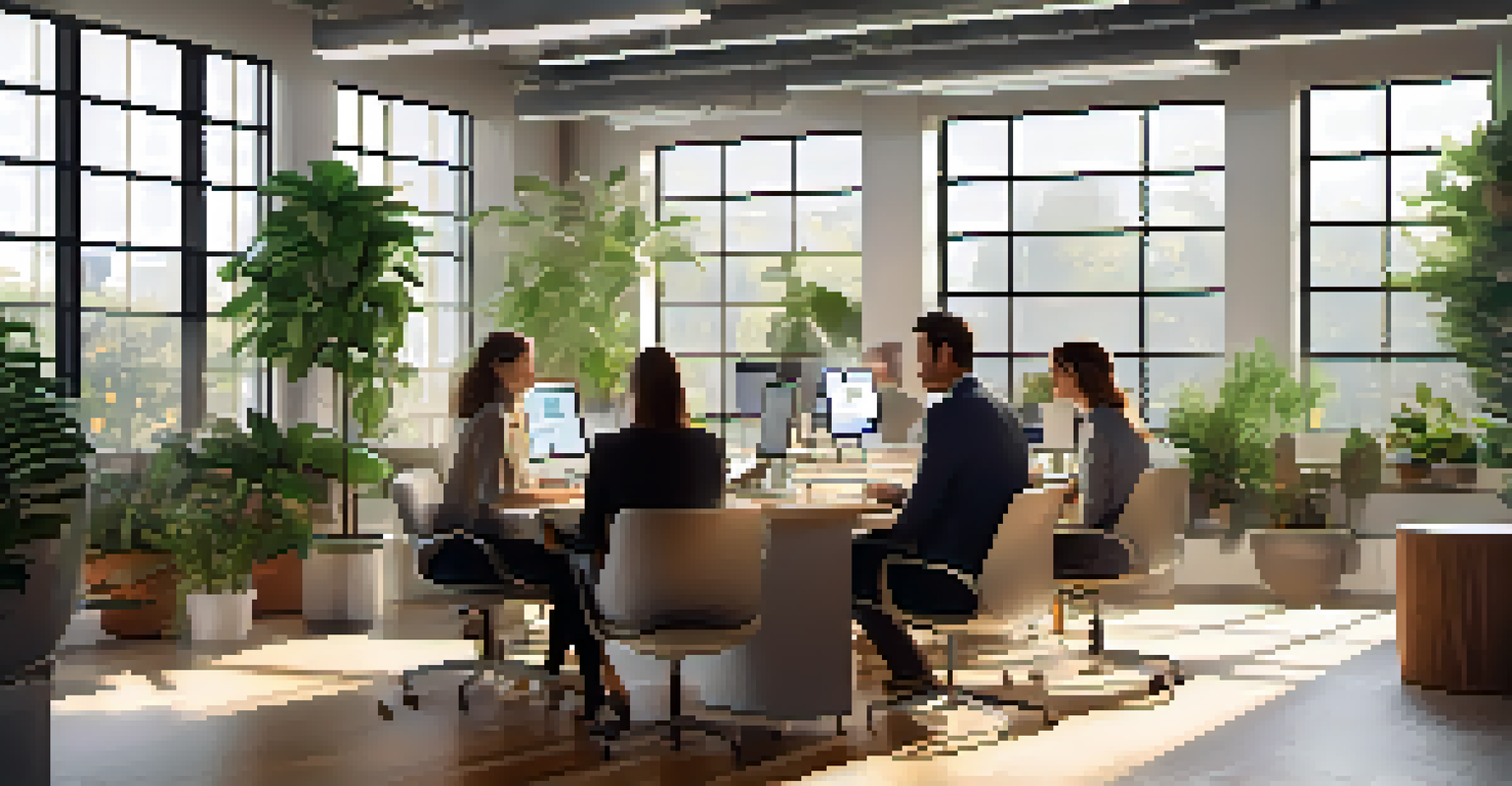 A modern office with professionals discussing data privacy regulations, featuring documents and laptops in a well-lit environment.