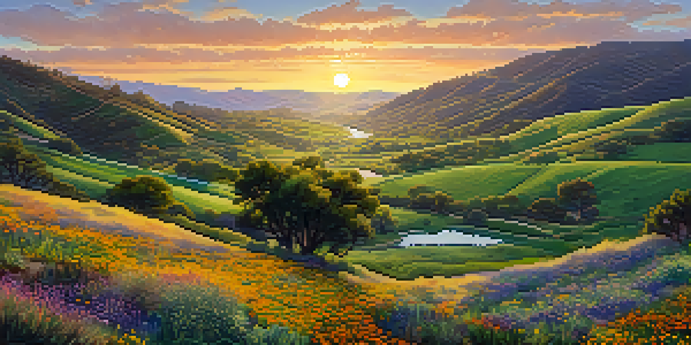 A beautiful California landscape with a sunset over green hills, a river, and solar panels, surrounded by blooming wildflowers.