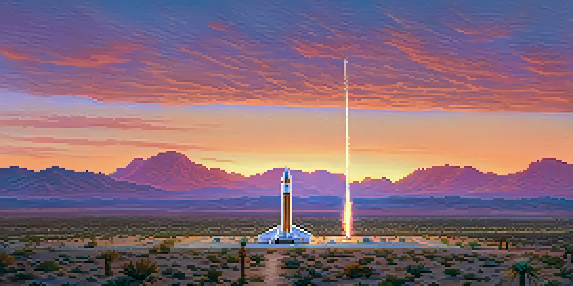 An aerial view of the Mojave Desert at sunset, featuring a rocket launch pad and a rocket ready for takeoff, with colorful skies and desert vegetation.