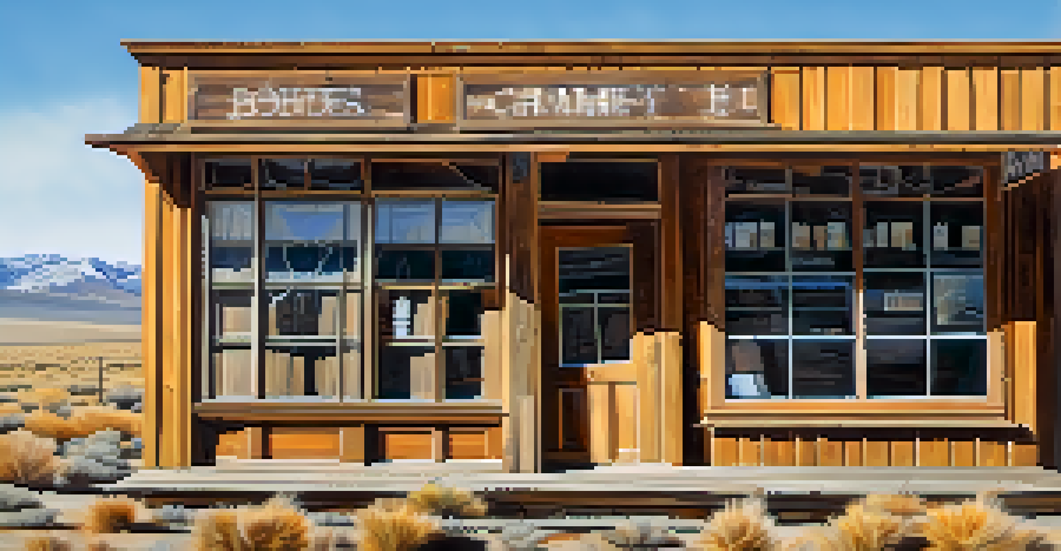A close-up of an abandoned storefront in Bodie, highlighting cracked windows and a faded sign.